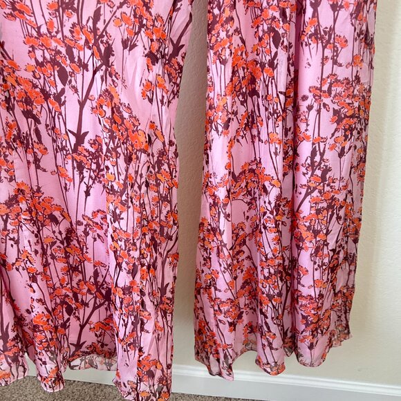 Flor Et Al Jumpsuit Womens 0 Pink Floral Print Silk Tie Sleeve Wide Leg Formal - Picture 6 of 9